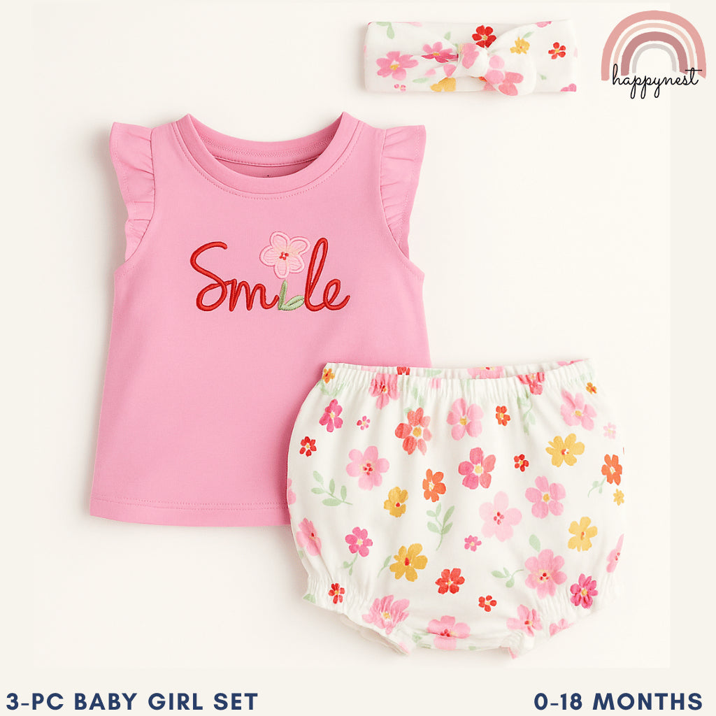 Baby Girls Pink Smile 3-Piece Outfit with Top Bloomers Headband | 0-18 Months AA263