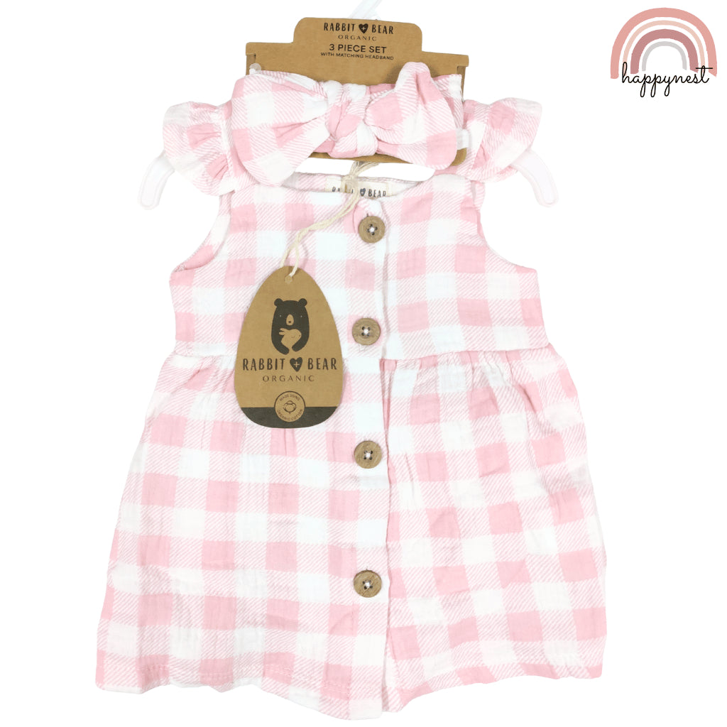Baby Girl Clothes 3-Piece Set Pink Checkered Dress Bloomers Headband 0-12M AA315