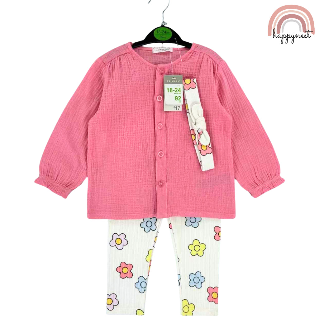 Baby Girl OOTD Pink 3-Piece Set Shirt + Leggings + Headband Primark SS445 3-36 Months