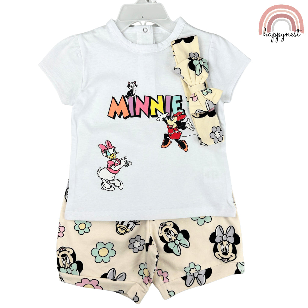 Minnie Baby Girl OOTD 3-Piece Set – Blue Shirt, Beige Shorts & Headband 3 to 24 Months AA180