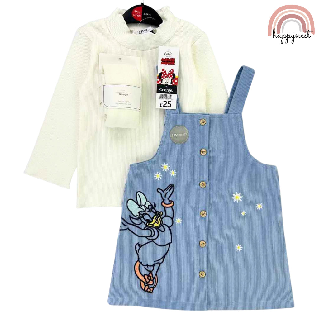 Happynest 3-Piece Disney Daisy Duck Denim Jumper and White Shirt Set for Babies 3-36M AA83