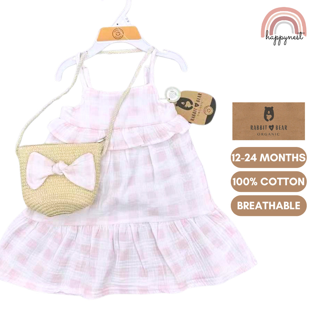 Rabbit Bear Dress Pink with FREE Rattan Bag (12–24 Months) AA135