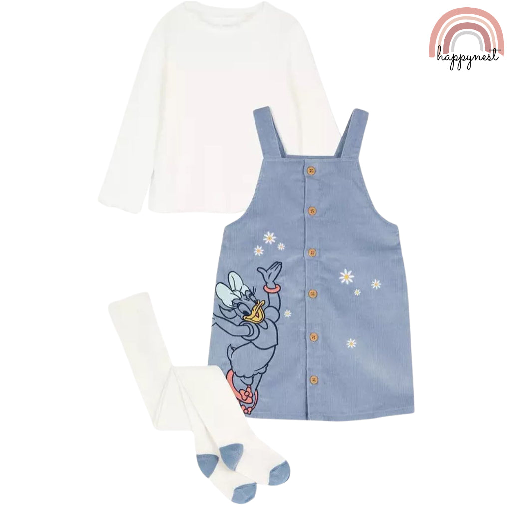 Happynest 3-Piece Disney Daisy Duck Denim Jumper and White Shirt Set for Babies 3-36M AA83