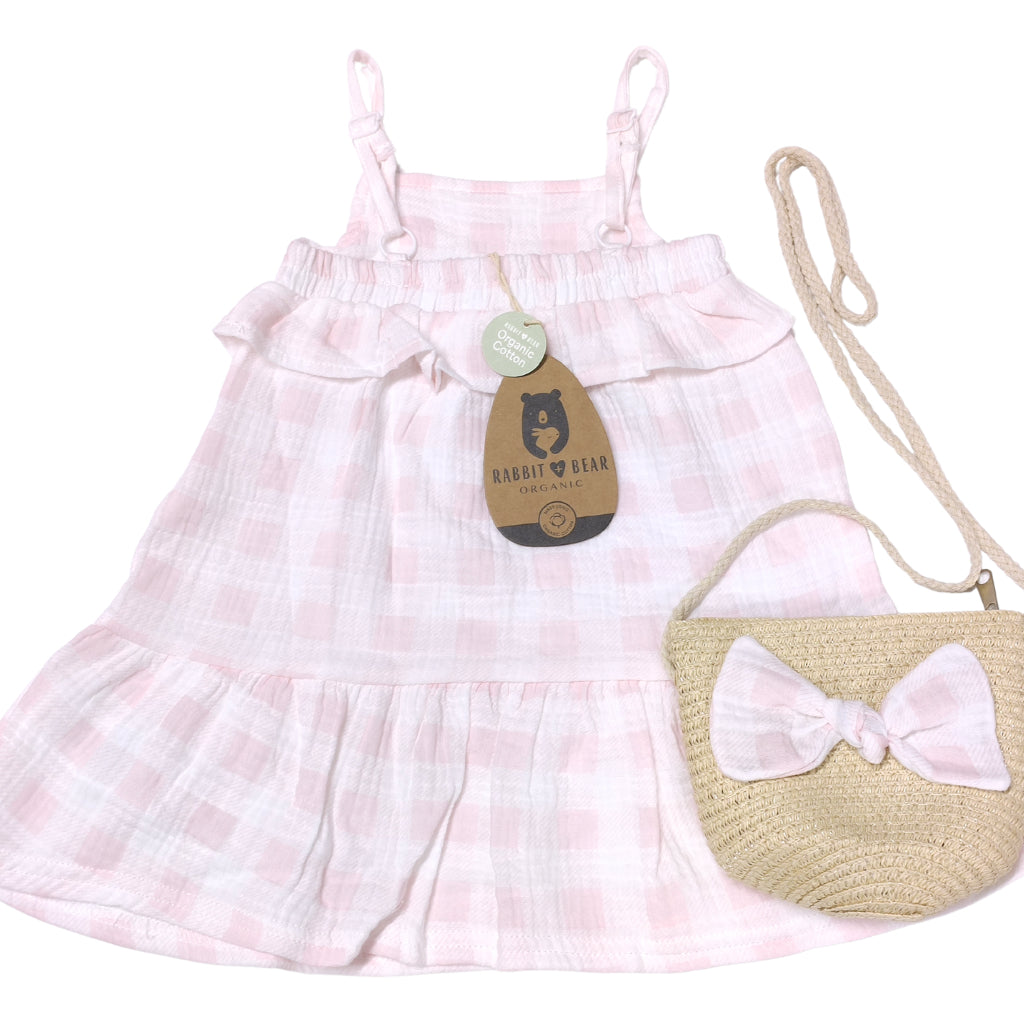 Rabbit Bear Dress Pink with FREE Rattan Bag (12–24 Months) AA135