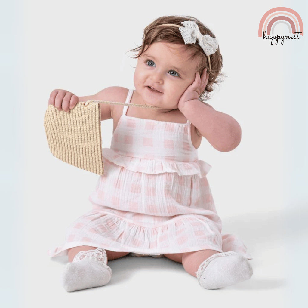 Rabbit Bear Dress Pink with FREE Rattan Bag (12–24 Months) AA135