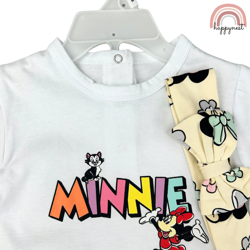 Minnie Baby Girl OOTD 3-Piece Set – Blue Shirt, Beige Shorts & Headband 3 to 24 Months AA180