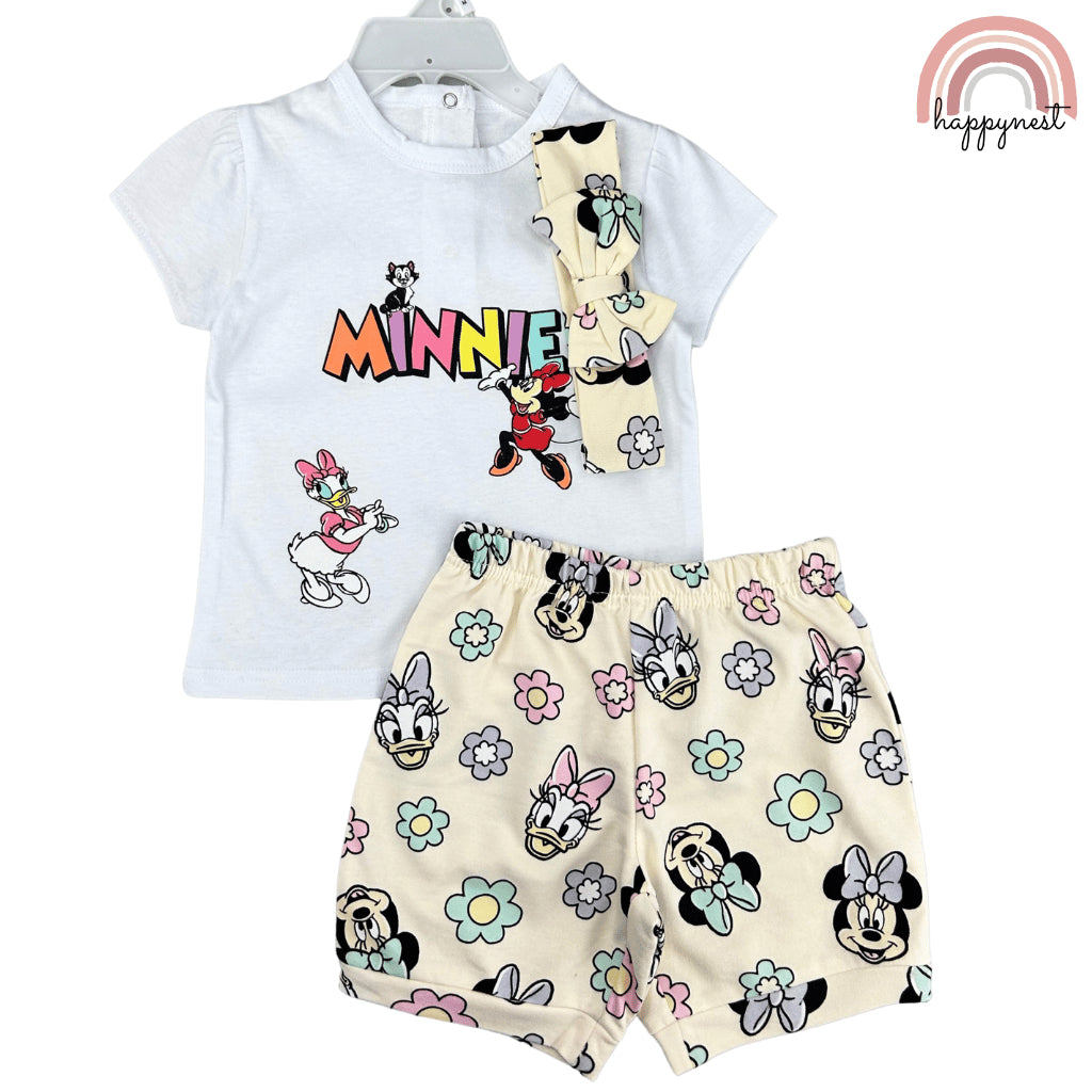 Minnie Baby Girl OOTD 3-Piece Set – Blue Shirt, Beige Shorts & Headband 3 to 24 Months AA180