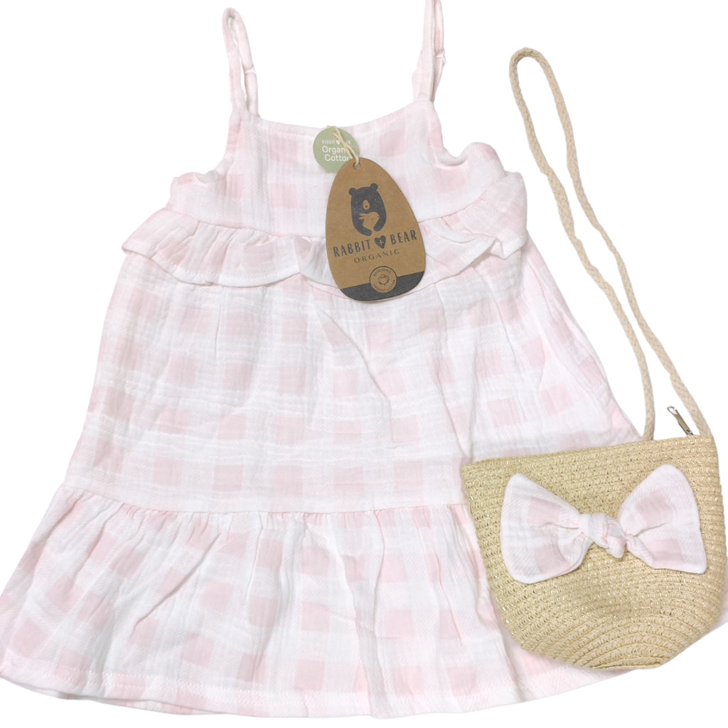 Rabbit Bear Dress Pink with FREE Rattan Bag (12–24 Months) AA135