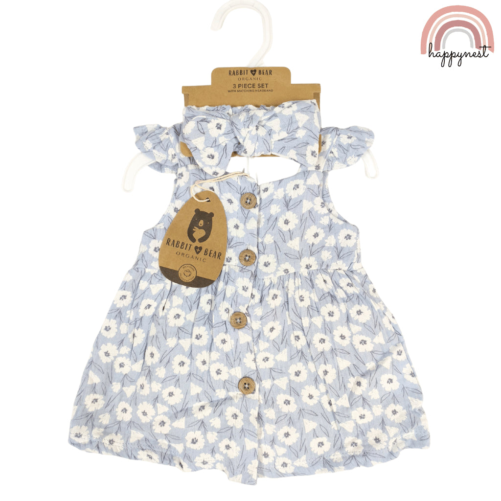 Baby Girl OOTD Light Blue Floral 3-Piece Set Dress Headband 0-12 Months AA313