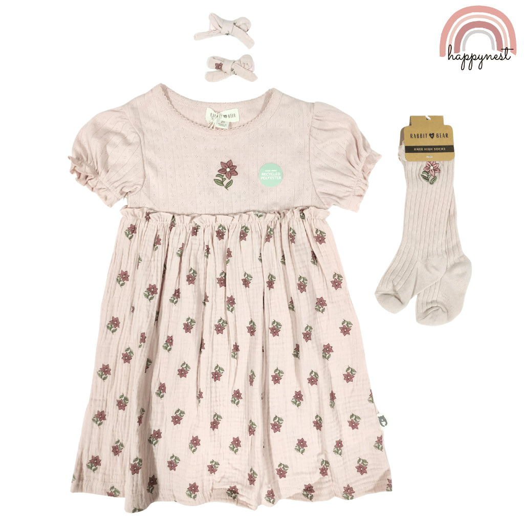 Rabbit Bear Baby Girl Dress Set 3pcs with Socks and Hair Clips Outfit 2-3 Years AA325