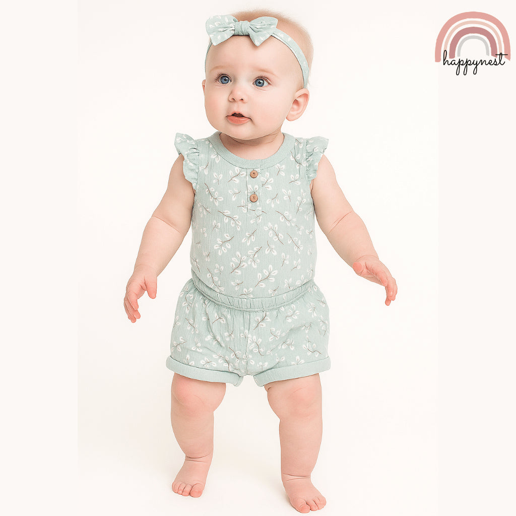 Baby Girl Blue Clothes 3pcs Romper Shorts and Headband Outfit 0-12 Months AA319
