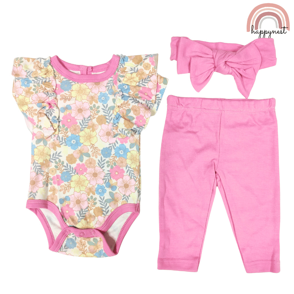 Baby Girl Clothes 3pcs Floral Romper Pink Pants and Headband Outfit 0-9M AA277