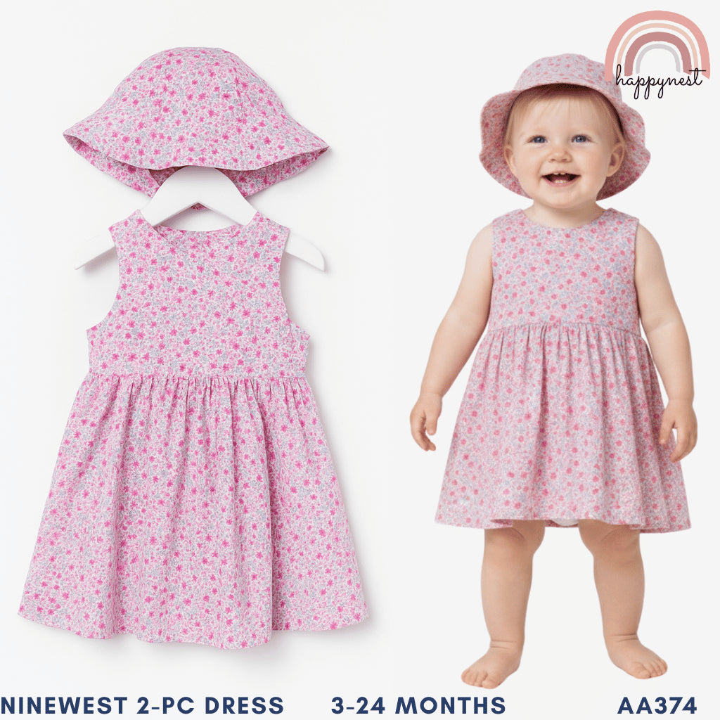 Cute Pink Floral Dress and Hat Terno for Baby Infant Girls 3-24 Months AA374