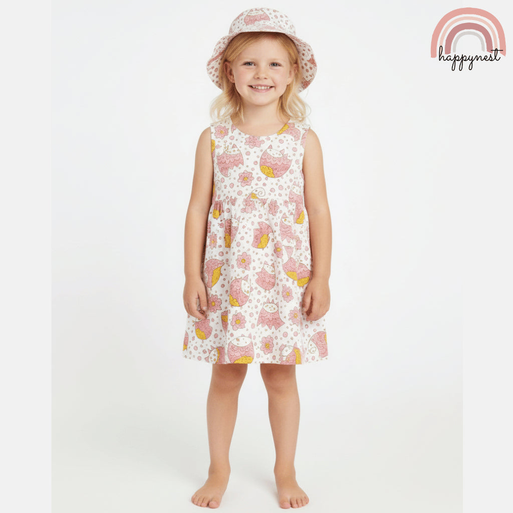 Sweet Owl and Flowers Print Dress and Hat Terno for Little Girls 4-7 Years AA379