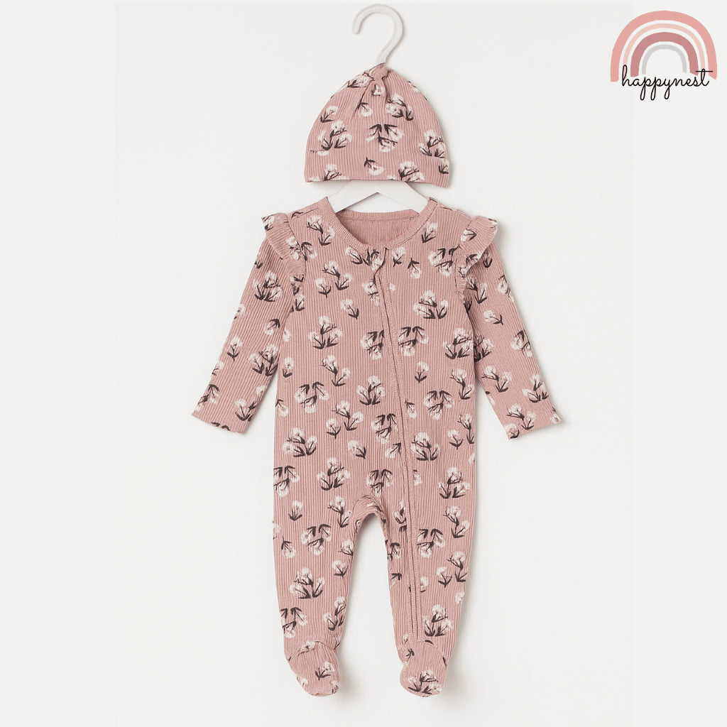 Baby Overalls Girl Ribbed Floral Ruffle Footed Sleeper & Hat Jessica Simpson Set 3-9 Months AA391