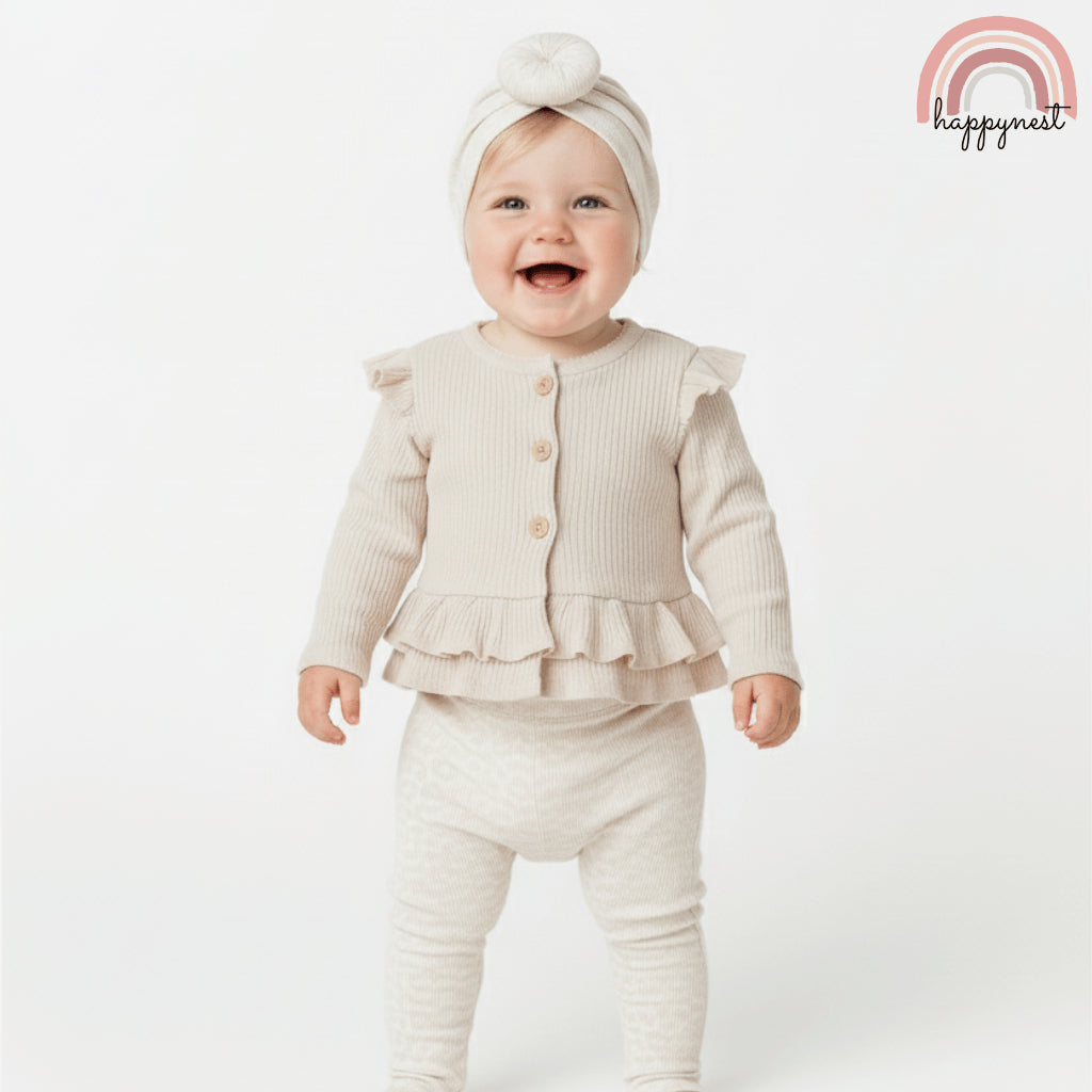 Baby 3-Piece Set Rachel Zoe Peplum Cardigan, Leopard Pants & Turban Hat Set 3-9M AA390