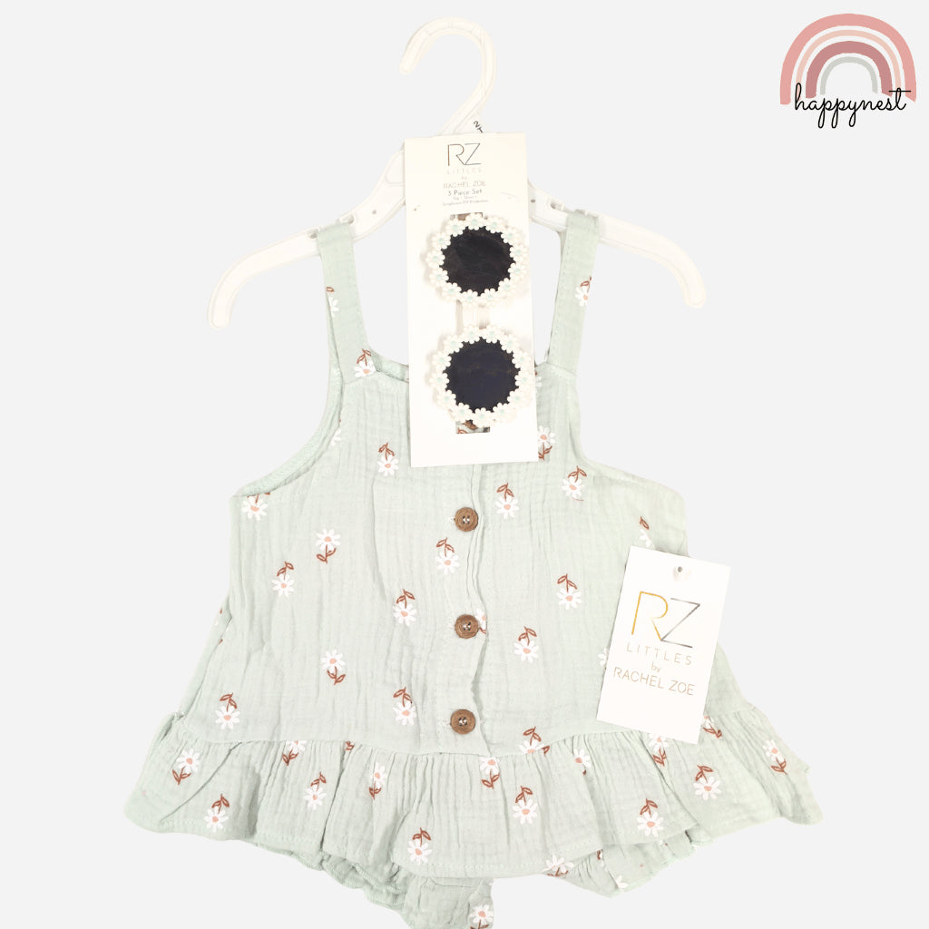 Baby Girl Outfit OOTD Set Green Floral Cotton & Pearl Sunglasses 2 to 4 Years AA418