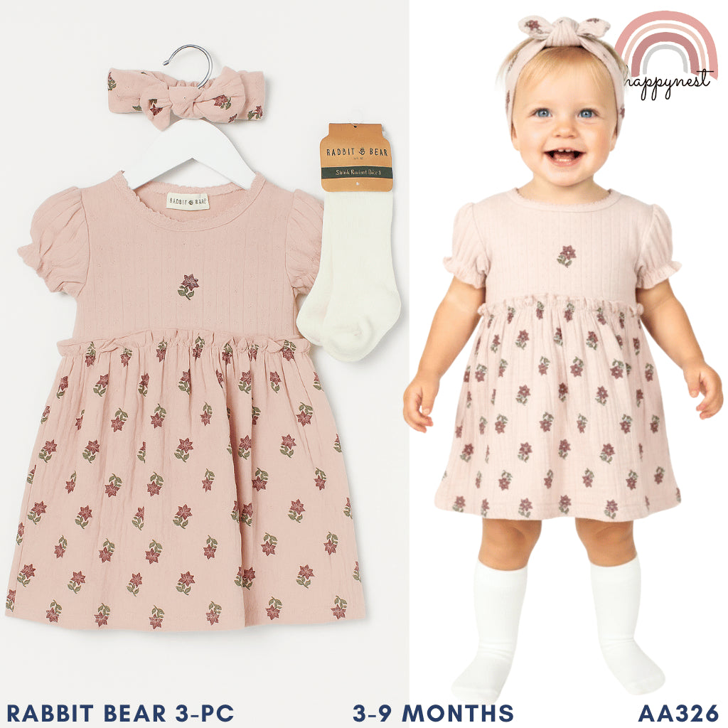 Baby Girl Dress Set w/ Headband & Socks (3-9M) | AA326 Rabbit Bear
