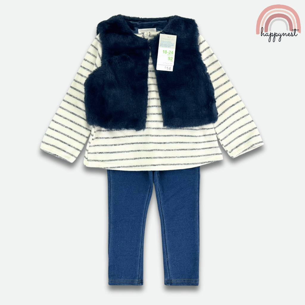 Primark Girls 3-Pc Set | Faux Fur Vest, Striped Tee & Leggings | 0-36M (SS674)