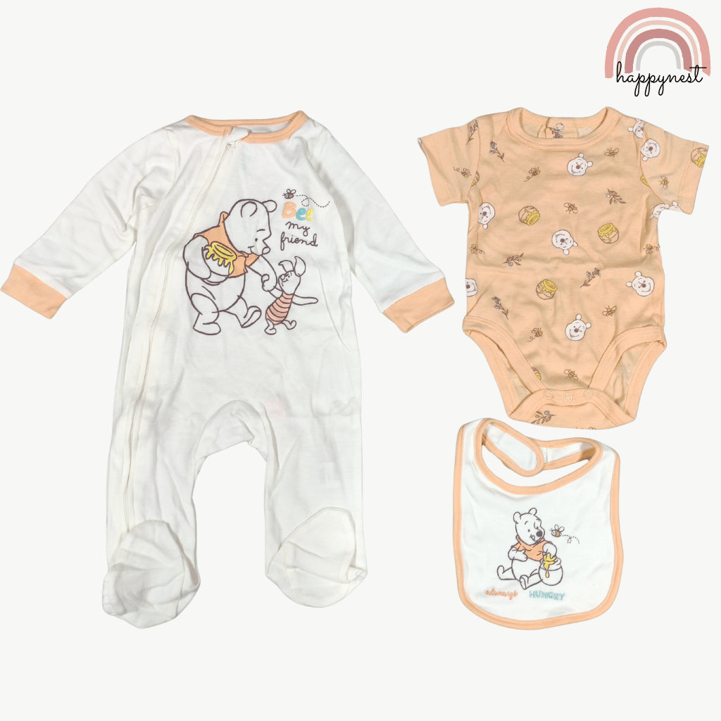Disney Winnie the Pooh Baby 3-Pc Set | Sleepsuit, Bodysuit & Bib | 3-9 Months (B2)