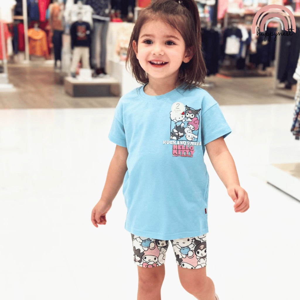 Hello Kitty & Friends Girls 2-Pc T-Shirt & Bike Shorts Set | Sky Blue | 2-10 Years (AA482)