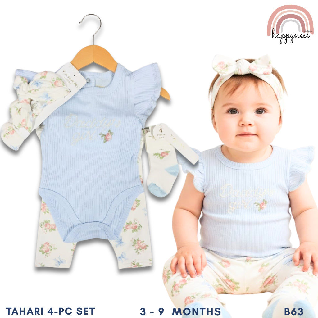 Tahari Baby 4-Pc Gift Set 3-9 Months | Flutter Sleeve Bodysuit & Floral Pants (B63)