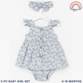Baby Girl OOTD Light Blue Floral 3-Piece Set Dress Headband 0-12 Months AA313