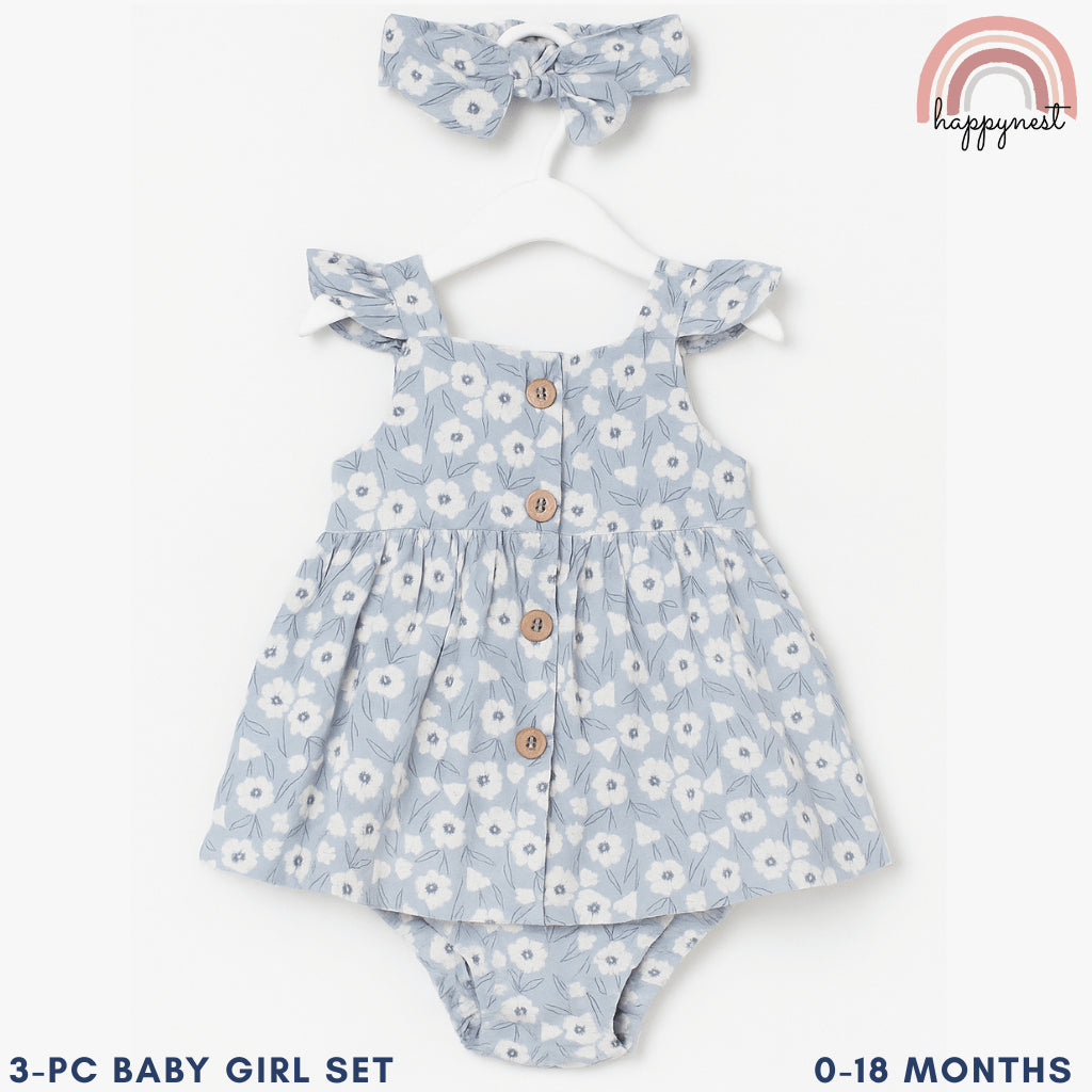 Baby Girl OOTD Light Blue Floral 3-Piece Set Dress Headband 0-12 Months AA313