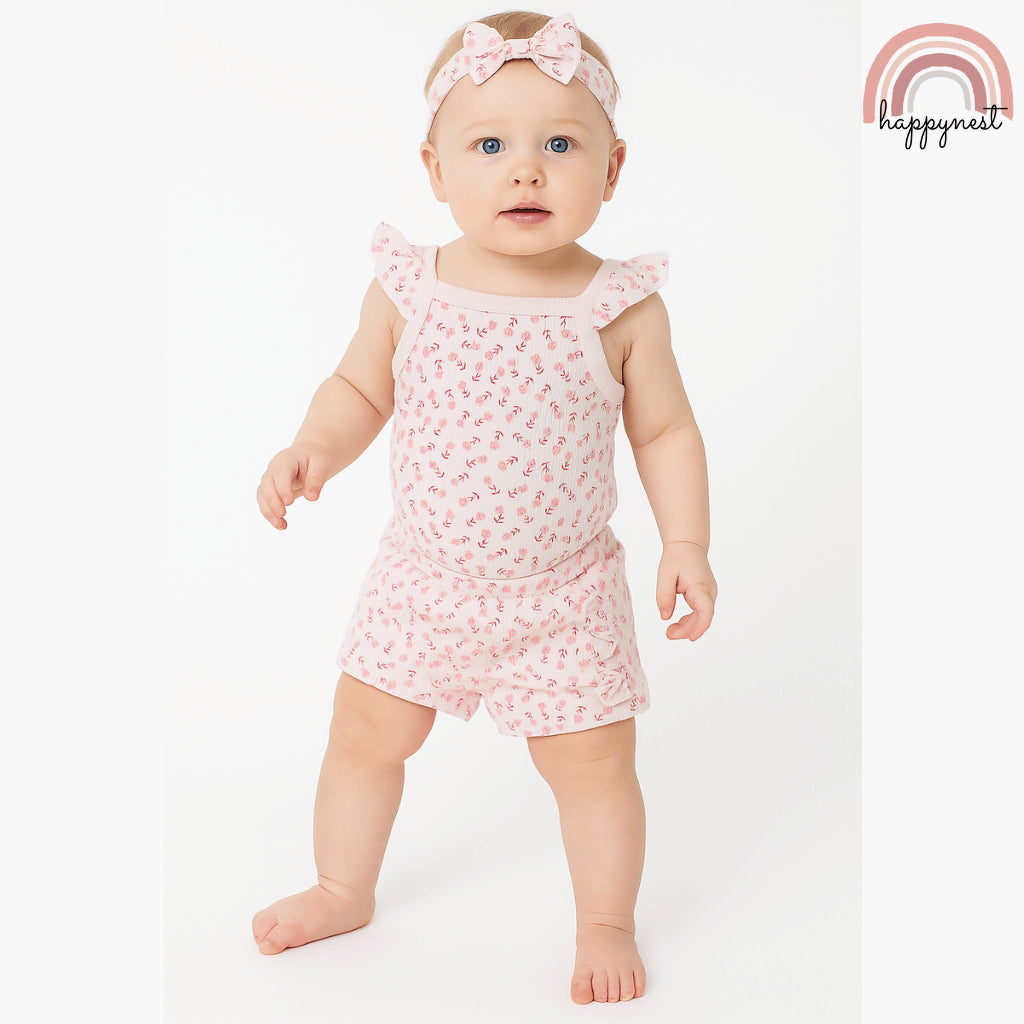Baby Girl Clothes 3pcs Pink Romper Shorts and Headband Outfit 0-12 Months AA321