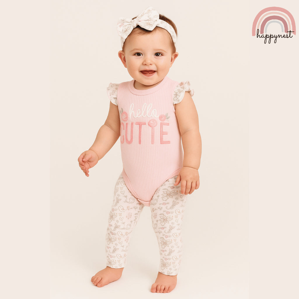 Baby Girl Pink Clothes 3pcs Hello Cutie Romper Pants and Headband Set 0-9M AA276
