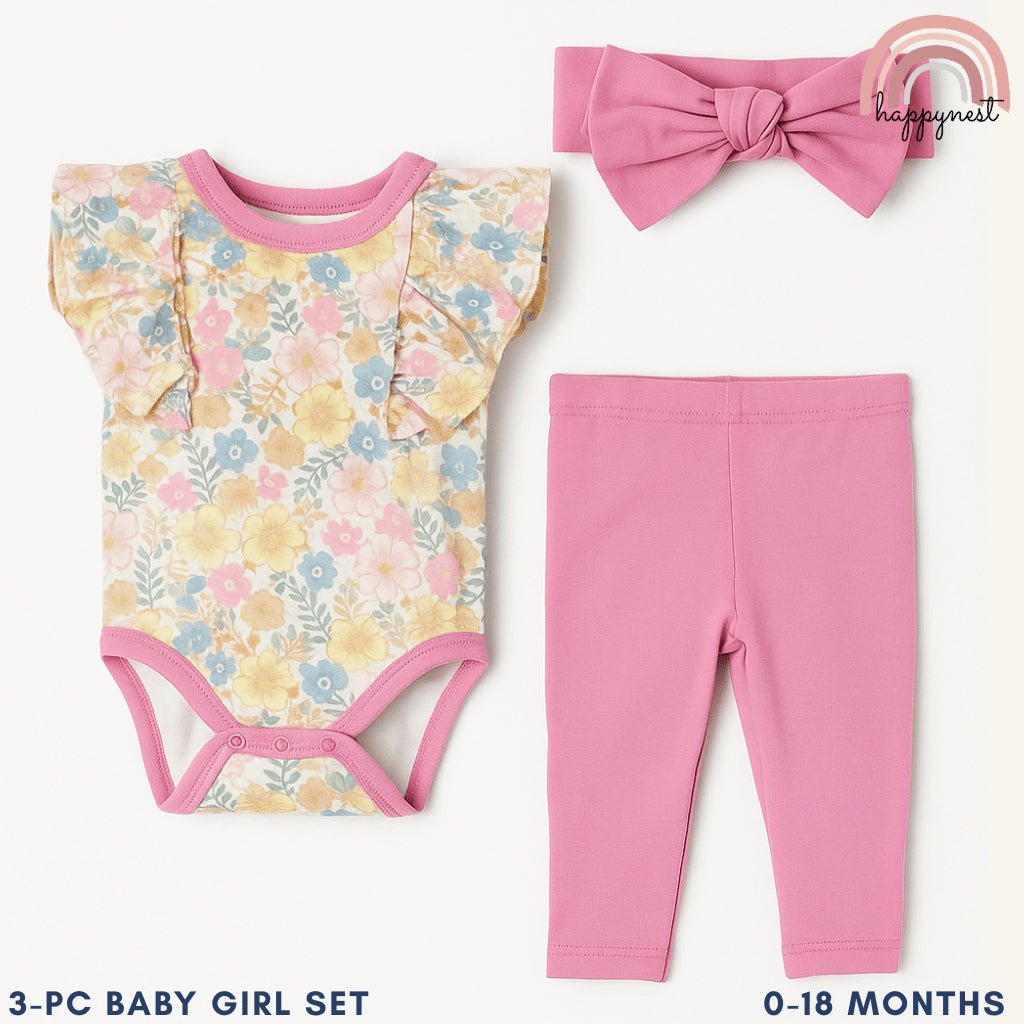 Baby Girl Clothes 3pcs Floral Romper Pink Pants and Headband Outfit 0-9M AA277