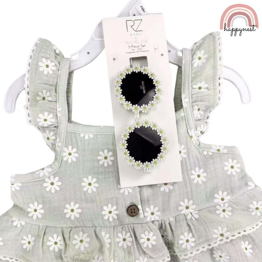 Rachel Zoe 3-Piece Sage Green Daisy Baby Set with Top, Pants & Sunglasses (2–4 Years) | AA368