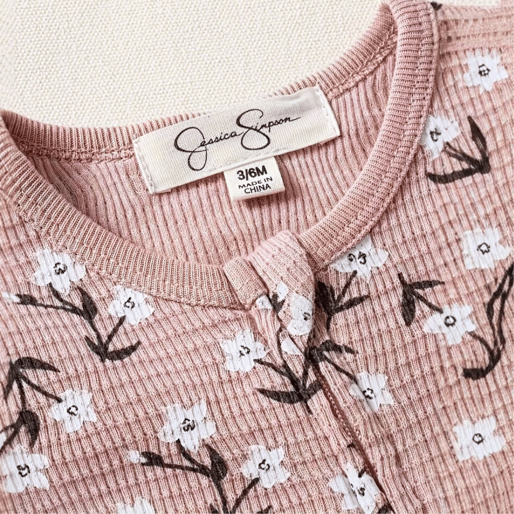 Baby Overalls Girl Ribbed Floral Ruffle Footed Sleeper & Hat Jessica Simpson Set 3-9 Months AA391