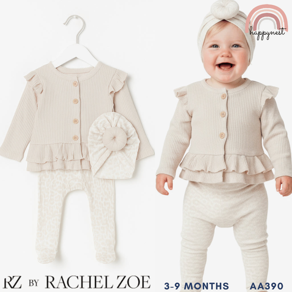 Baby 3-Piece Set Rachel Zoe Peplum Cardigan, Leopard Pants & Turban Hat Set 3-9M AA390