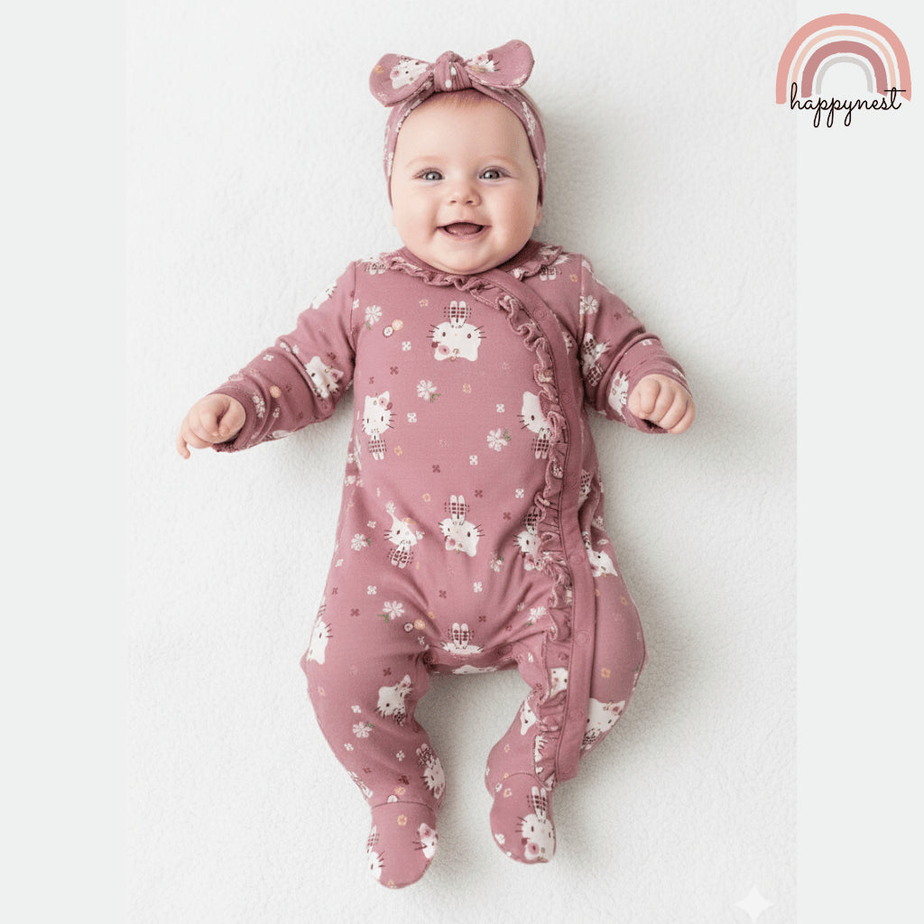 Hello Kitty Baby Overalls Footed Sleeper & Headband Set - Pink AA393 Newborn - 9 Months