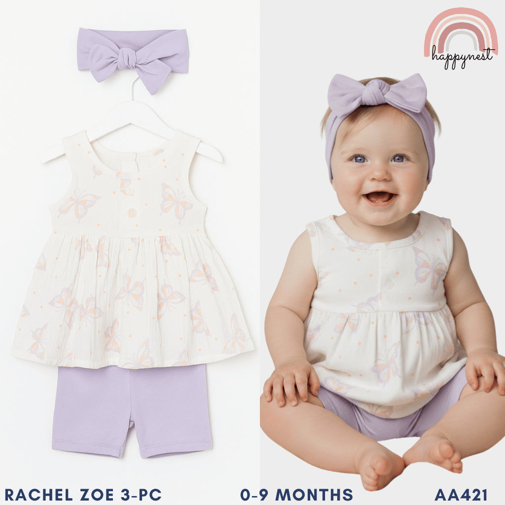 Baby Girl Outfit Set 3-PC: Shorts + Shirt + Headband Rachel Zoe AA419 0-9 Months