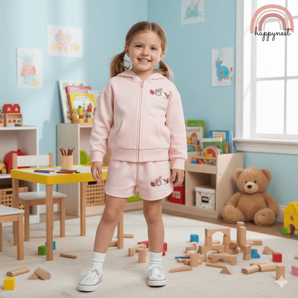 Hello Kitty Girls Jacket + Shorts Set Pink Sanrio Print 2-8Y Kuromi Melody SS496