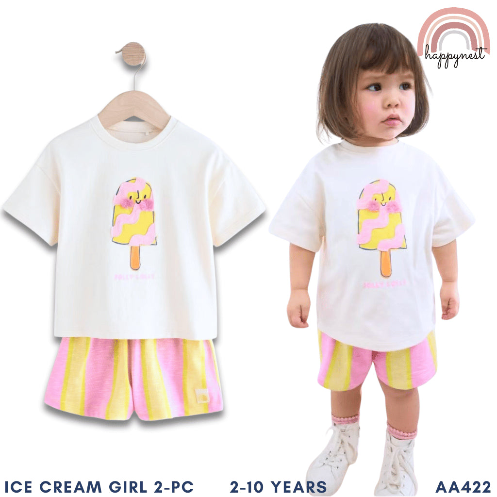 Ice Cream Striped Terno Set for Girls T-Shirt & Shorts (2-10Y) | AA423