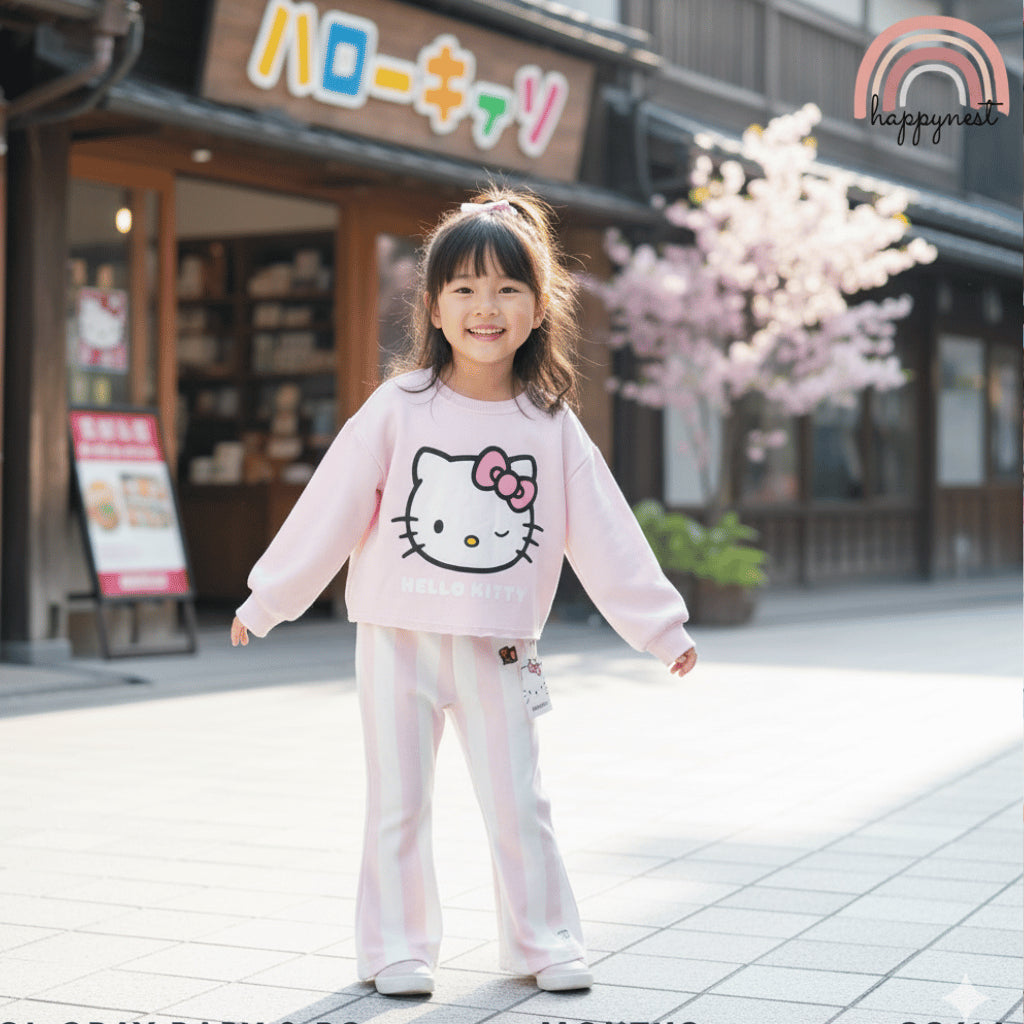 HELLO KITTY Girls Kids 2PC Set Pink White Sweater Striped Pants Fashion School 3-8Y SS615