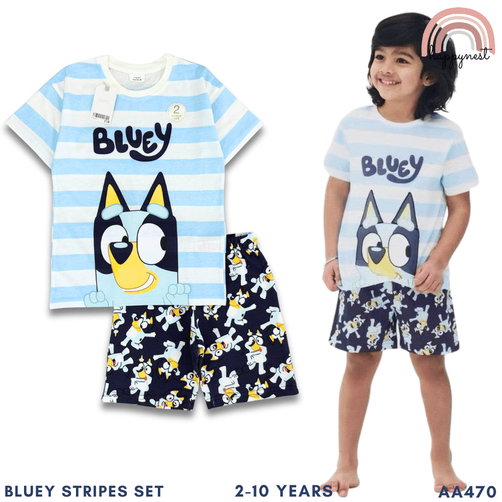 Kids Bluey Stripes 2-Pc Set - Striped Tee & Printed Shorts (Ages 2-10) AA470