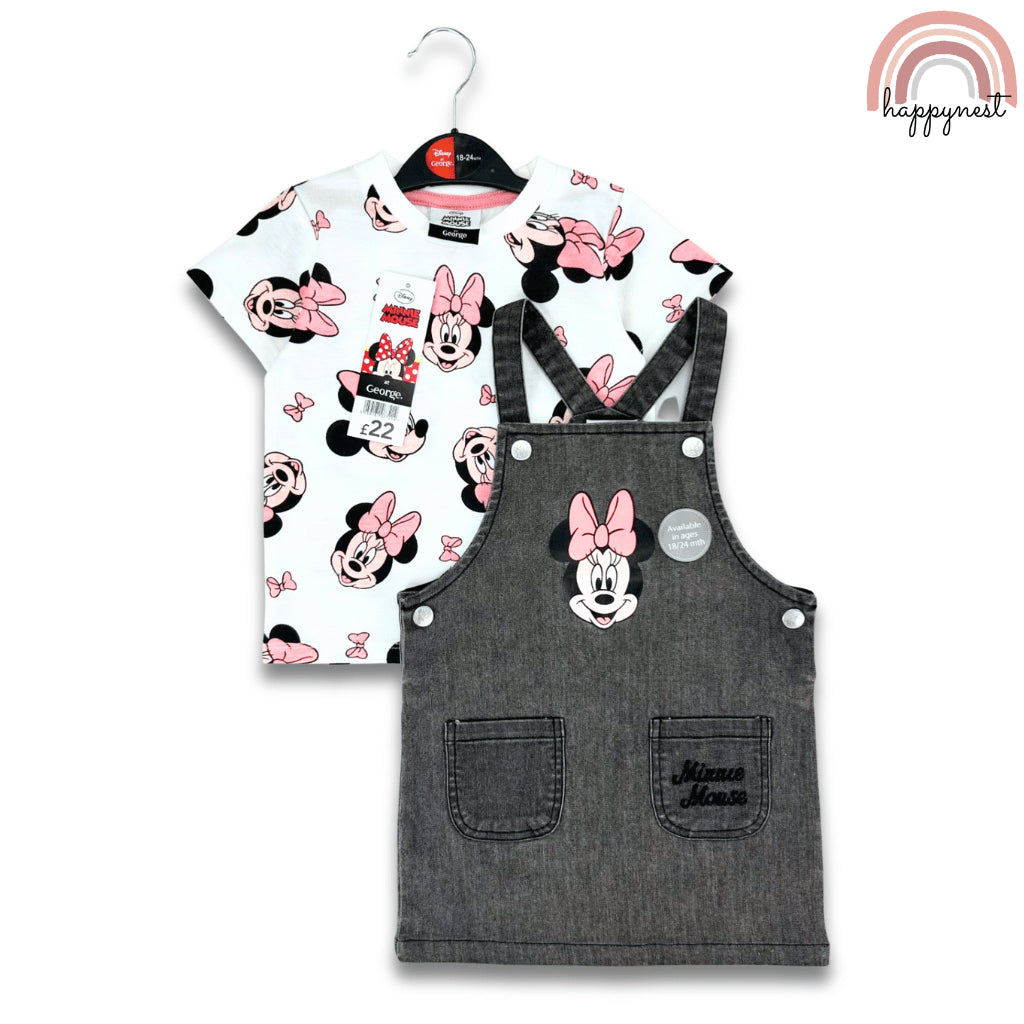 Minnie Baby 2-Pc Pinafore Dress & Tee Set | Grey Denim Style | 0-36 Months (AA479)