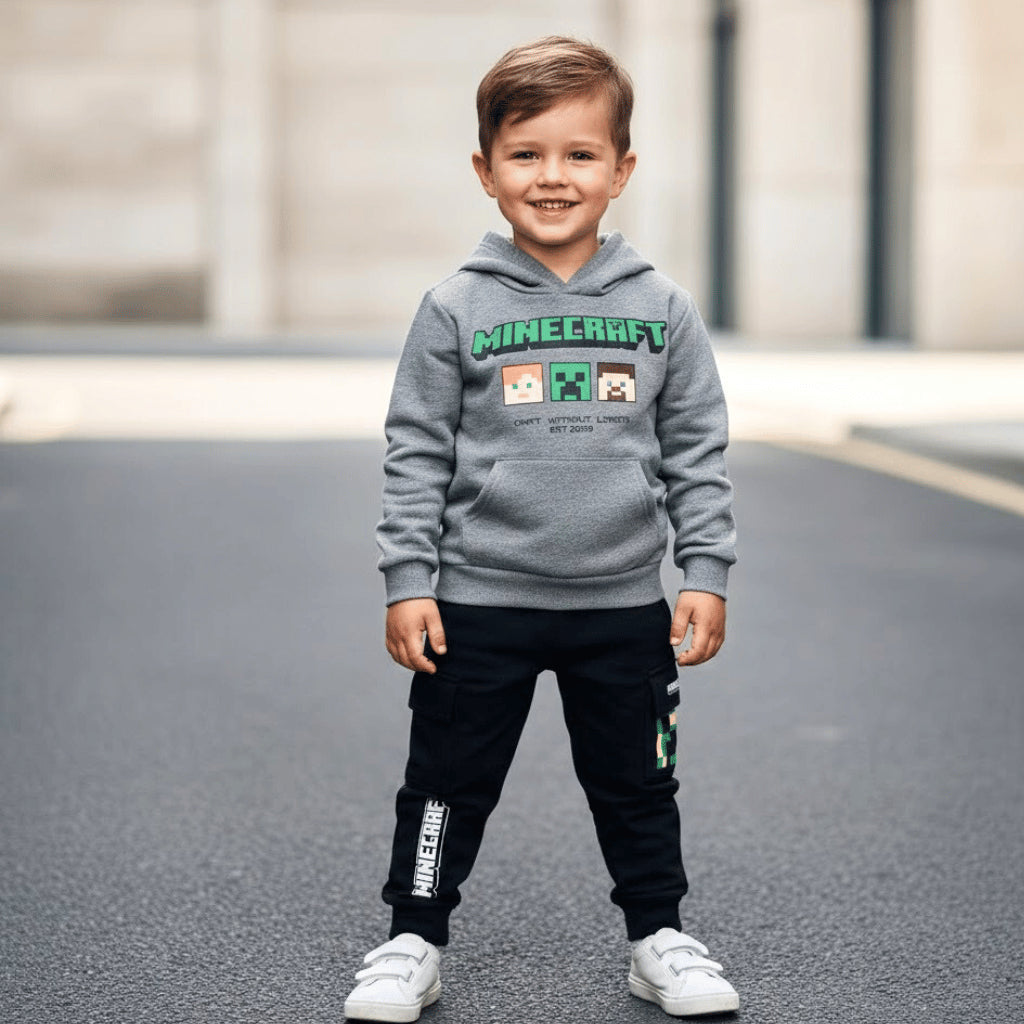 Minecraft Kids Boys 2-Pc Hoodie & Cargo Joggers Set | Grey Tracksuit | 2-8 Years (SS680)