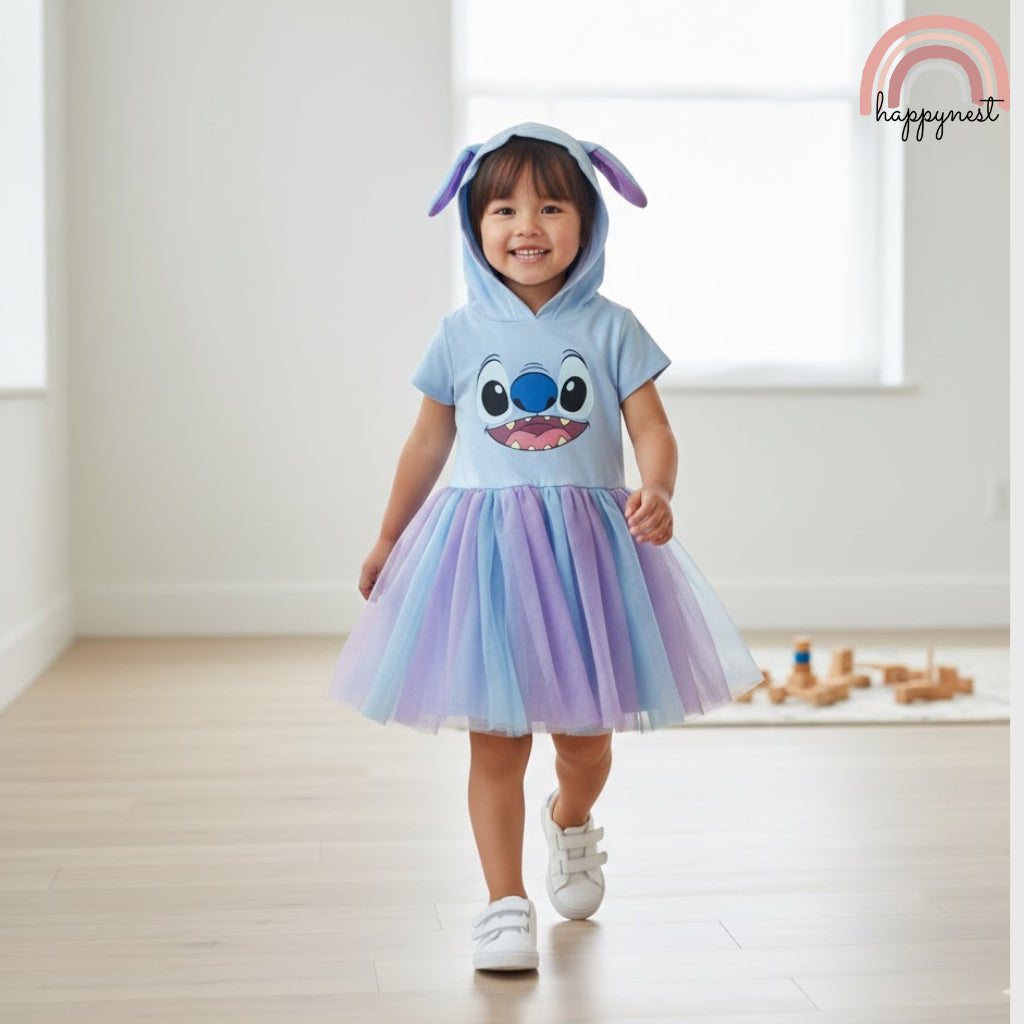 Stitch Kids Hooded Tulle Dress - Cute Character Tutu Dress for Girls (D4)
