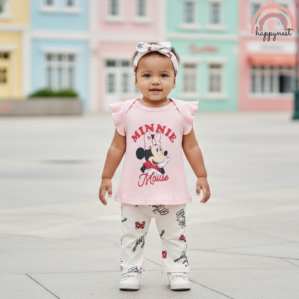 Minnie Baby Girl 3-Pc Pink Ribbed Set | Classic Disney Style | 3-24 Months | B75