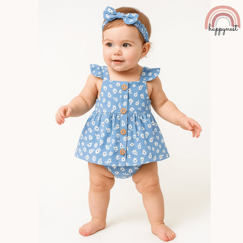 Baby Girl OOTD Blue Floral 3-Piece Set Dress Headband 0-12 Months AA312