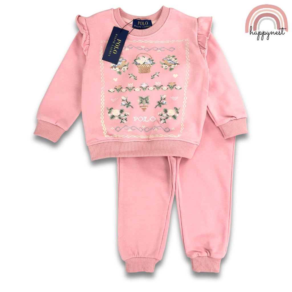 Polo Girls Tracksuit – Floral Sweatshirt & Jogger Pants Set | Overruns Quality | 2–8 Years (SS524)