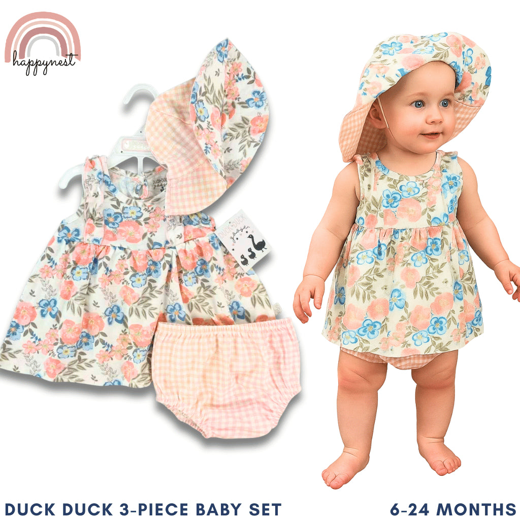 Floral 3-Piece Baby Set: Cute Dress, Bloomer & Reversible Sun Hat 6–24M – AA254