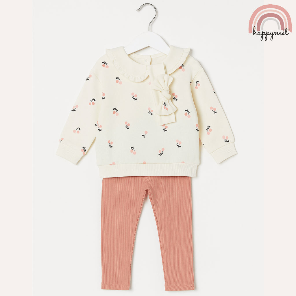Kiabi 3-Piece Baby Girl Cherry Top, Ribbed Leggings & Bow Set (3–36 Months) | SS554