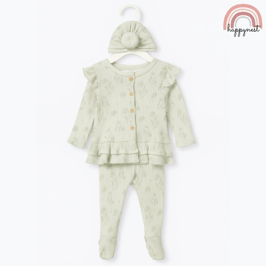 Baby Overalls Set Rachel Zoe Ribbed Cardigan, Footed Pants & Turban Hat Set AA387 3-9 Months