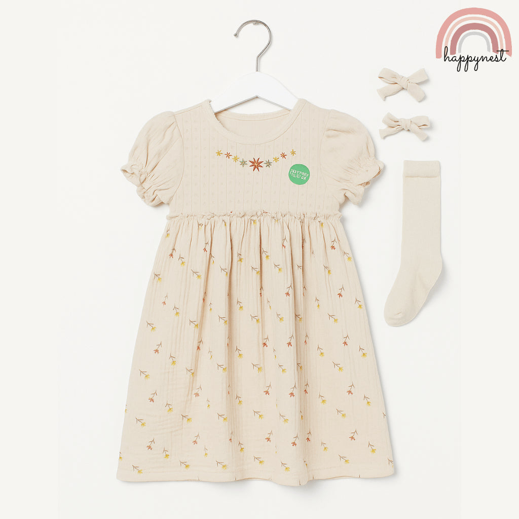 Girls Floral Dress with Socks & Clips Set Rabbit Bear (2-4Y) | AA323